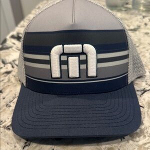 Travis Mathew Navy, Gray and White Striped Trucker Hat